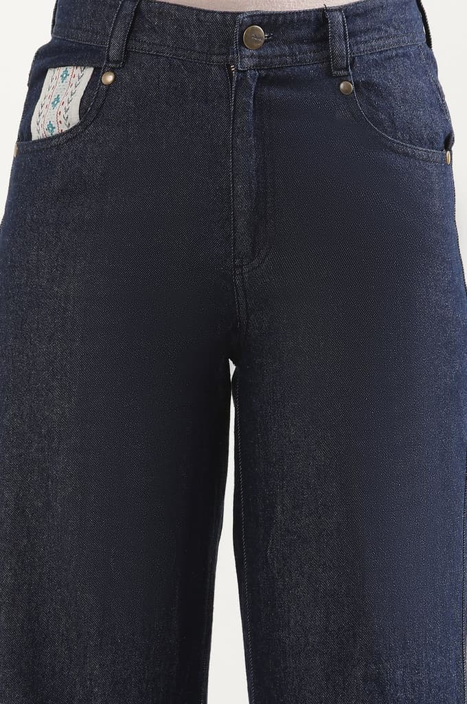 Blue Solid Flared Denim Palazzo With Printed Side Inserts — photo 6