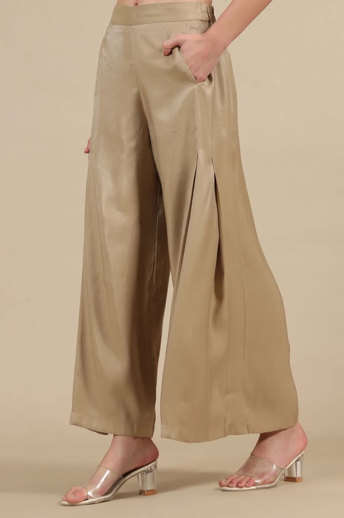 Gold Solid Flared Rayon Palazzo With Pleated Detail — photo 2