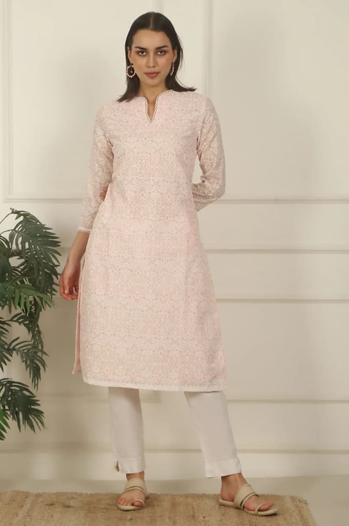 Pastel Pink Khadi Printed Kota Straight Kurta — photo 3