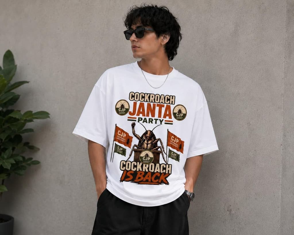 Oversized T-Shirt for Men & Women | 190 GMS Cotton Bio Washed Tee | Trendy T-Shirt for Unisex | Cockroach Janta Party Tshirt | — White