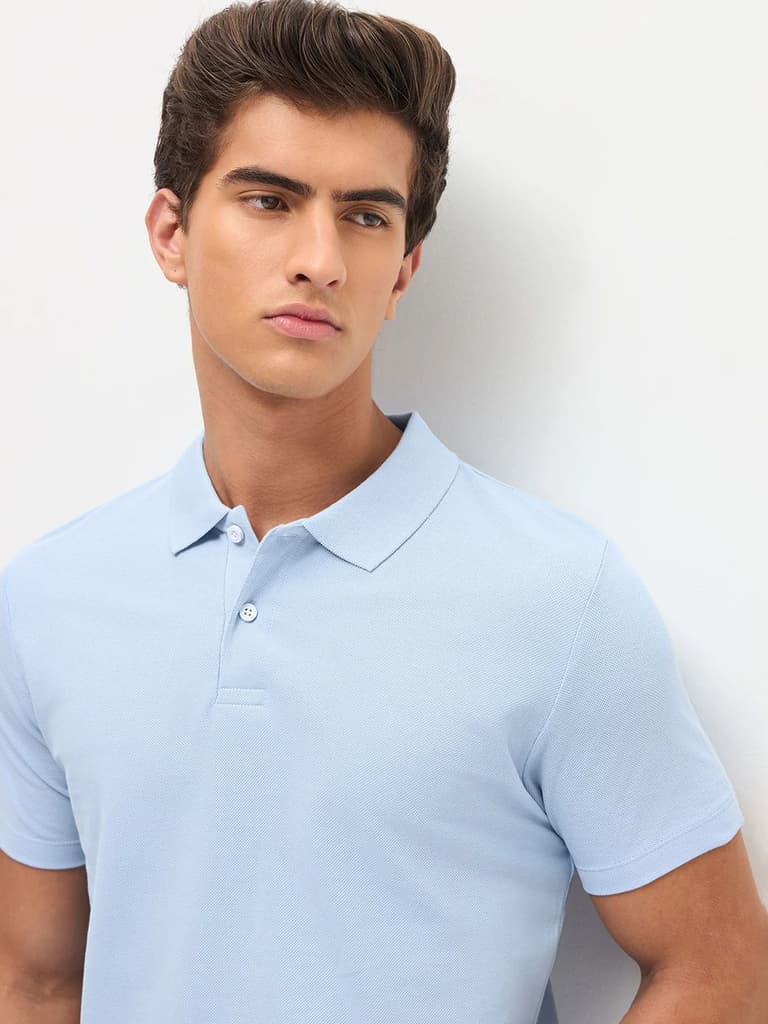 Men's Light Sky Blue Solid Regular Fit Half Sleeve Cotton Polo T-Shirt — photo 6