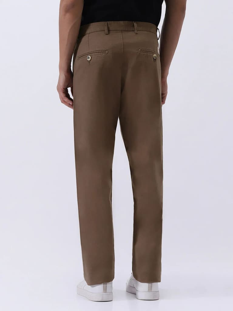 Men's Dark Taupe Cotton Regular Fit Casual Chinos Trousers Stretch — photo 3