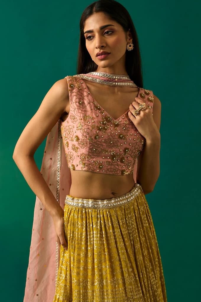 Pink Embroidered Straight Cut Blouse with Skirt and Dupatta Set — photo 2