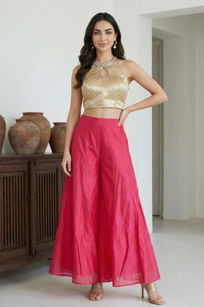 Fuchsia Solid Chanderi Wide Leg Flared Ankle Length Culottes — photo 4