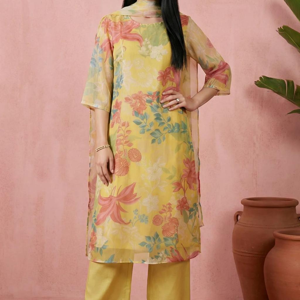 Yellow Floral Printed Organza Straight Kurta with Pants and Dupatta Set