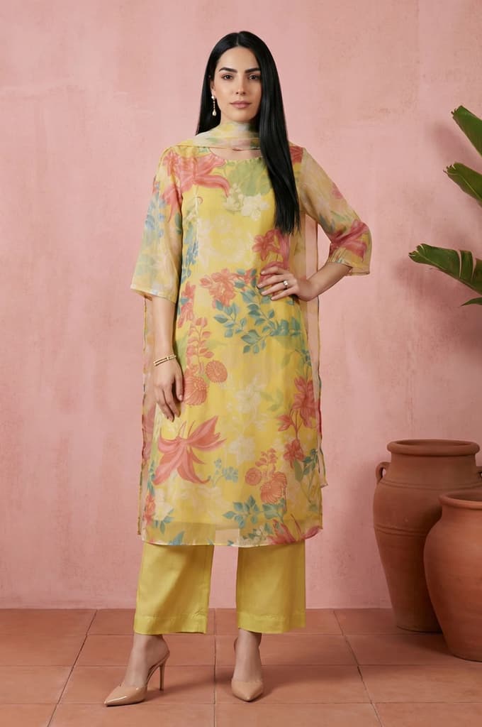 Yellow Floral Printed Organza Straight Kurta with Pants and Dupatta Set — XS
