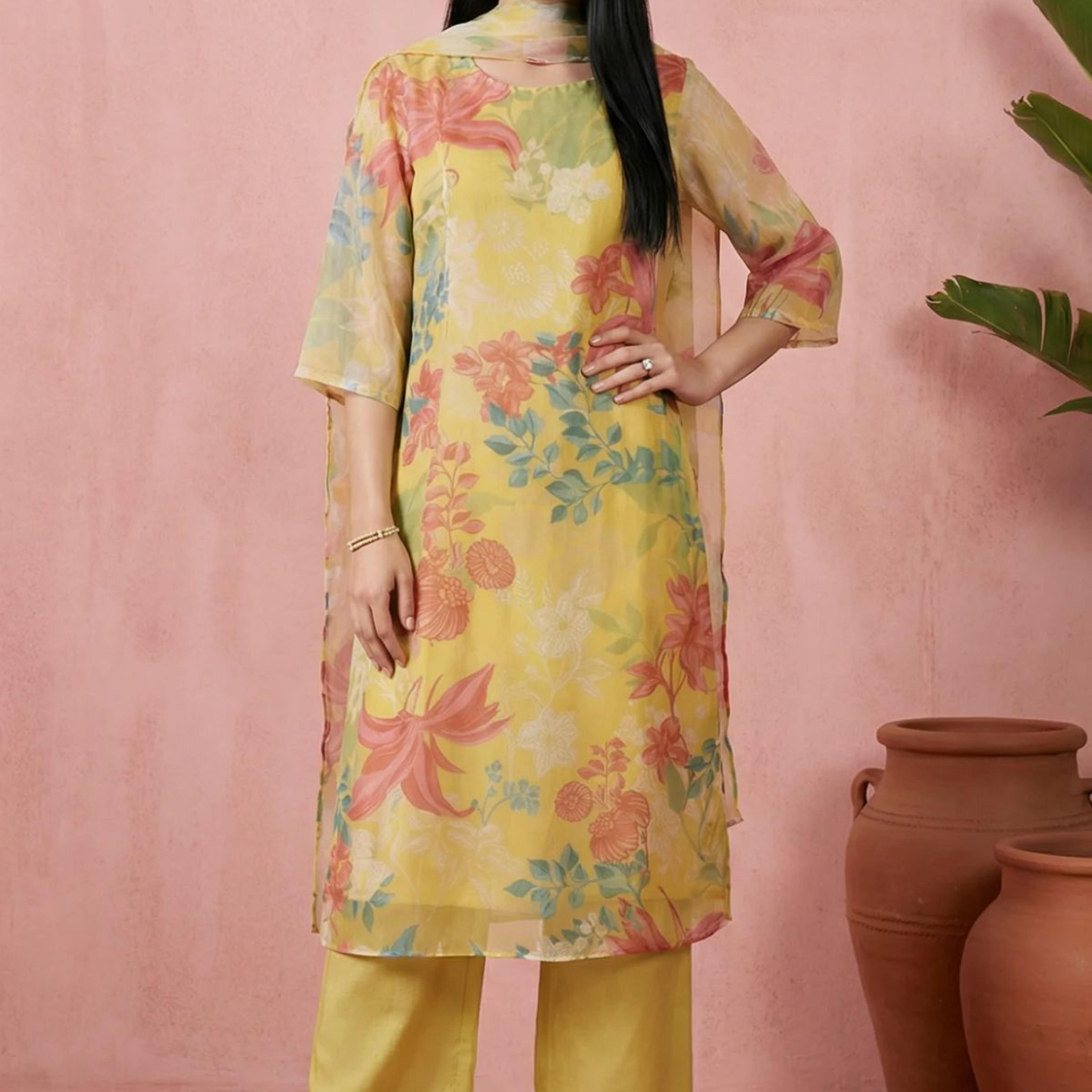 Yellow Floral Printed Organza Straight Kurta with Pants and Dupatta Set