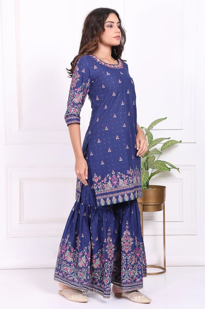 Blue Floral Printed Embroidered Straight Cotton Kurta with Sharara and Dupatta Set — photo 6