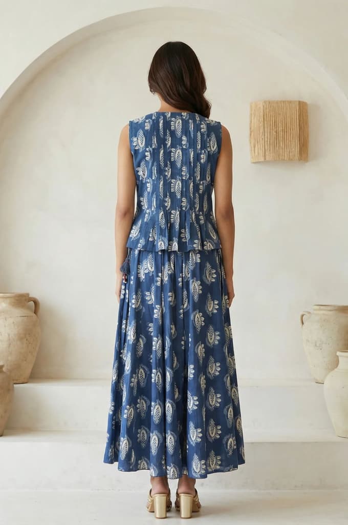 Blue Floral Printed Tassel Pure Cotton Top with Flared Skirt Set — photo 4
