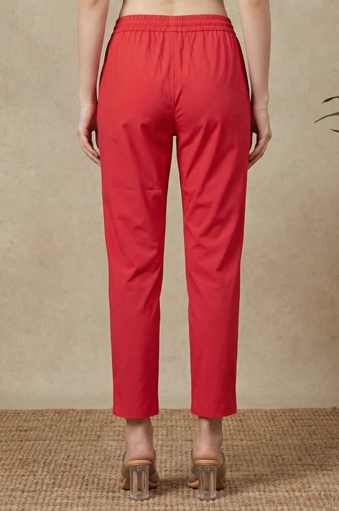 Red Solid Rayon Straight Fit Ankle Length Mid Rise Pants — photo 3