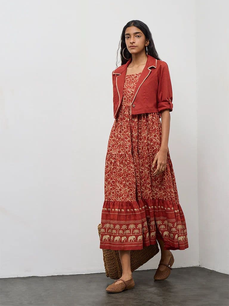 Bombay Paisley Rust Cotton Tiered Dress with Jacket Set — photo 2