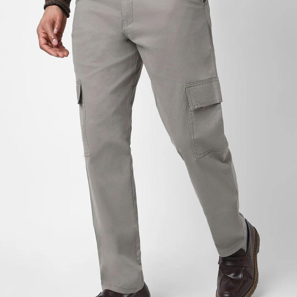 Men's Light Grey Regular Fit Solid Cargo Chino Pant with 6 Pockets Stretchable