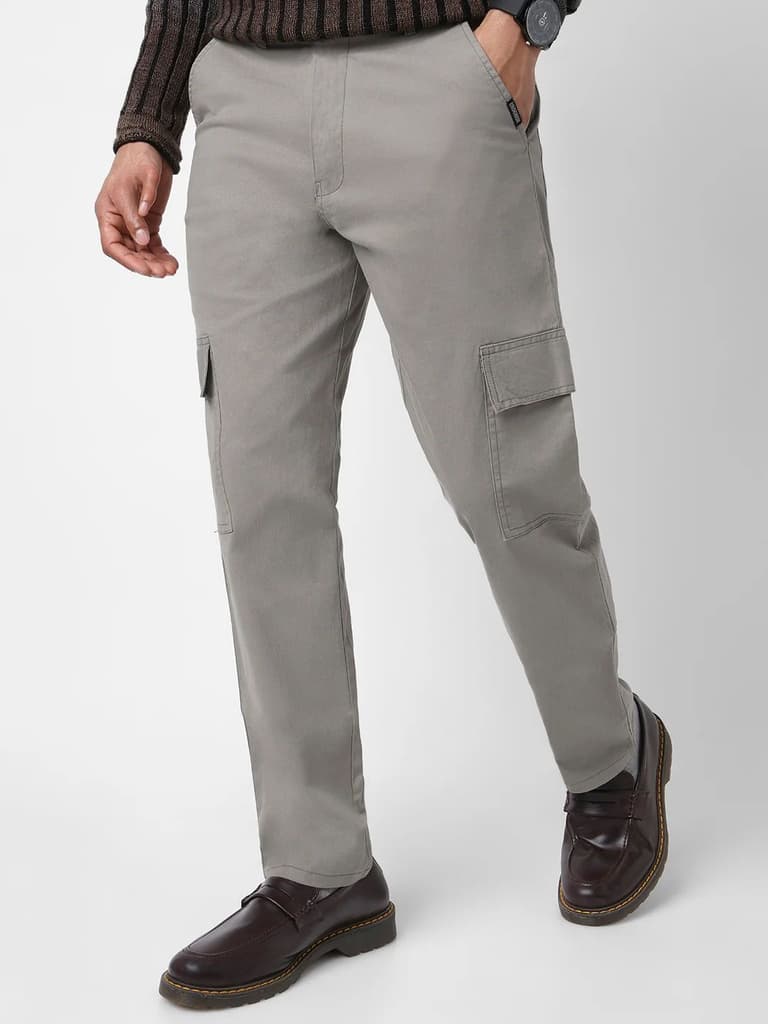 Men's Light Grey Regular Fit Solid Cargo Chino Pant with 6 Pockets Stretchable — 28 / Light Grey