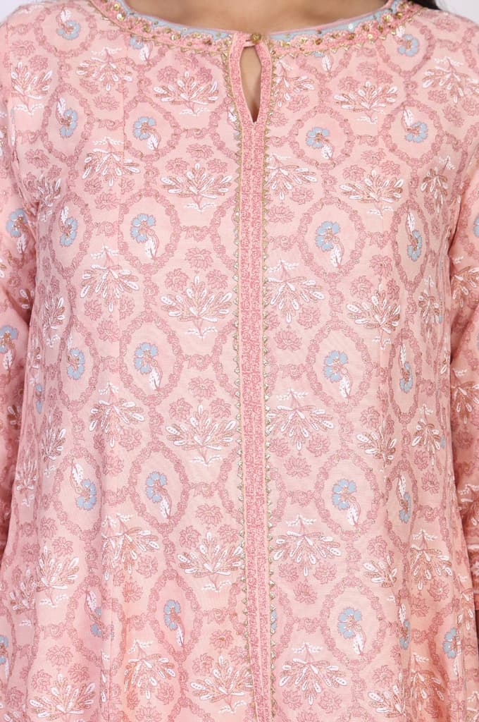 Pink Floral Printed Rayon A-Line Kurta with Straight Pant Set — photo 3