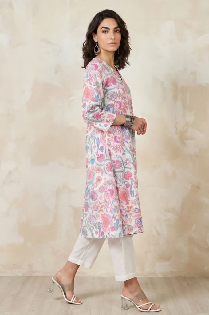 White Floral Printed Pure Cotton Straight Kurta — photo 6