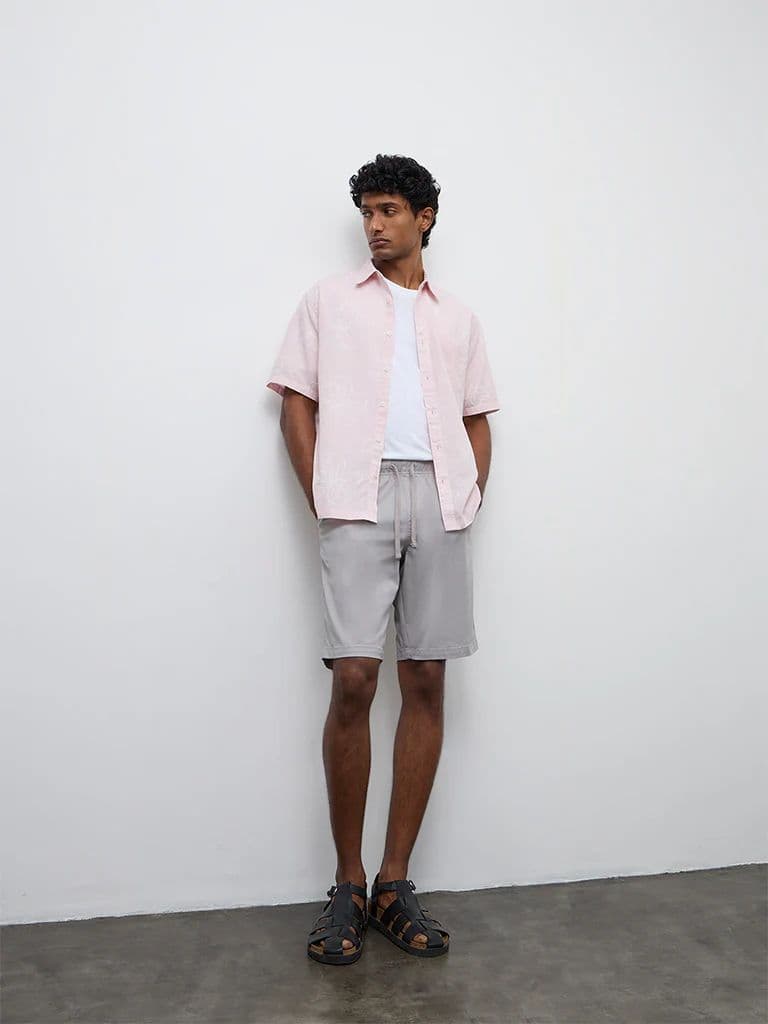WES Casuals Light Pink Floral Relaxed-Fit Cotton-Blend Shirt