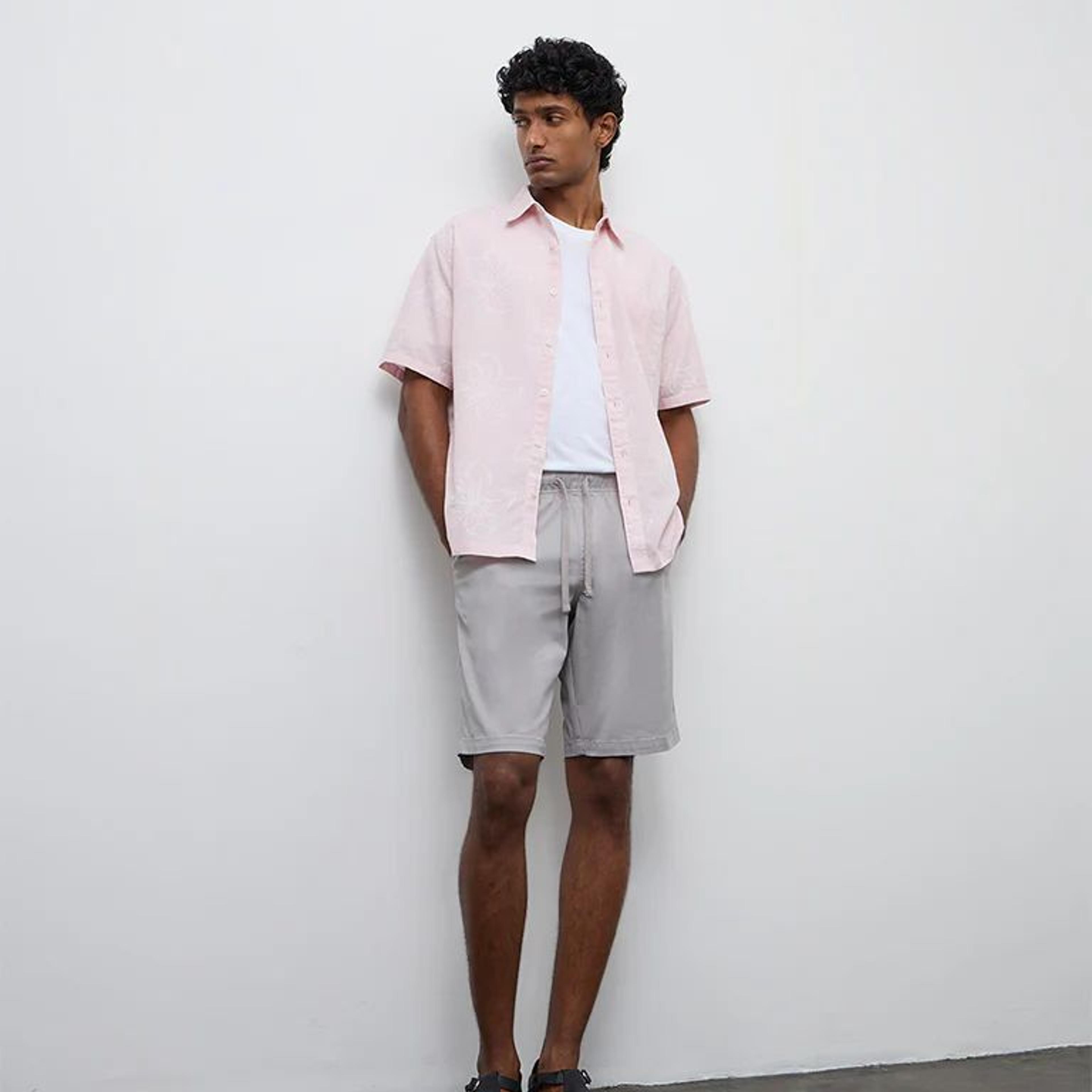 WES Casuals Light Pink Floral Relaxed-Fit Cotton-Blend Shirt