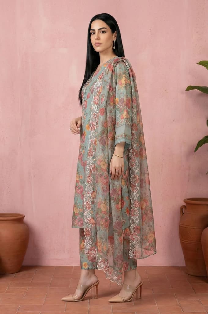 Sea Green Floral Printed Straight Kurta with Flared Pants and Dupatta Set — photo 3