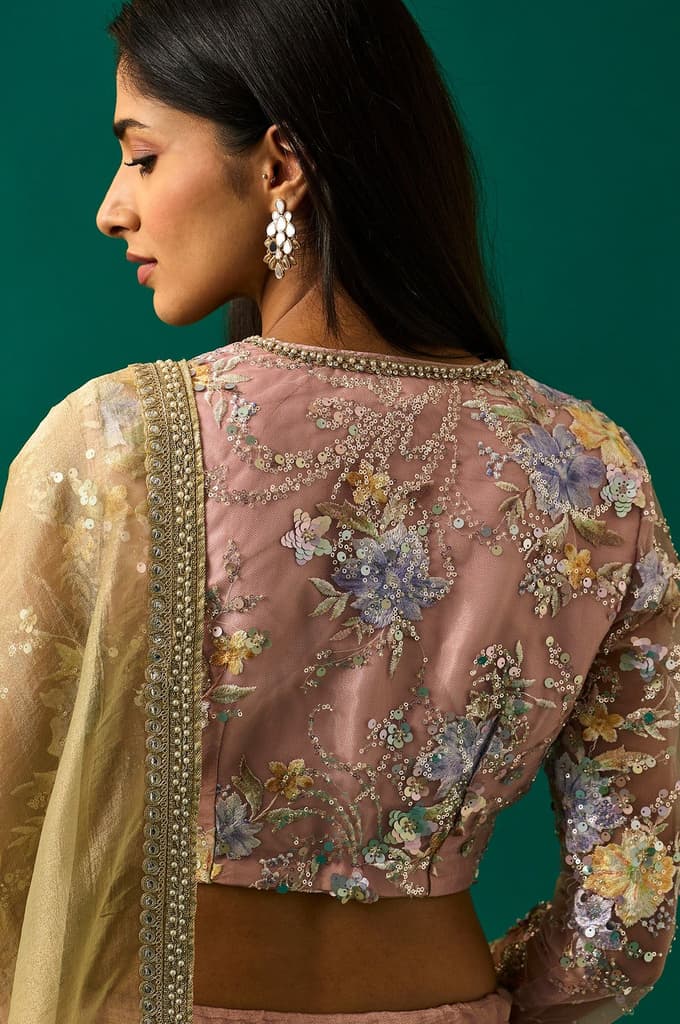 Pink Embroidered Tissue Blouse with Skirt and Dupatta Set — photo 6