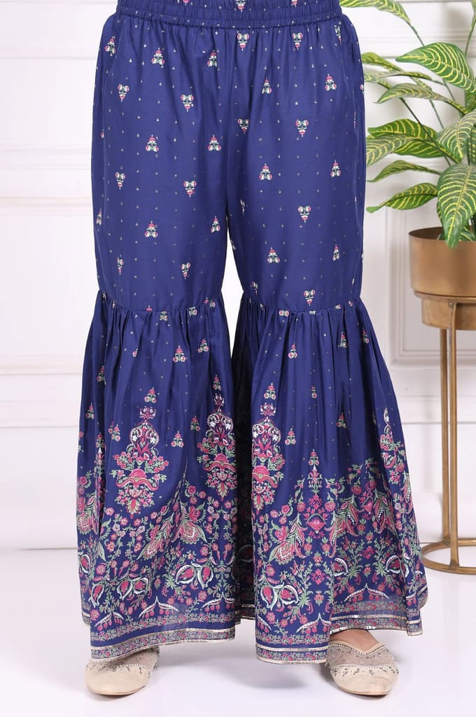 Blue Floral Printed Embroidered Straight Cotton Kurta with Sharara and Dupatta Set — photo 8