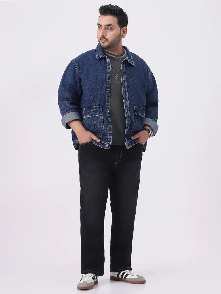 Plus Men's Blue Relaxed Fit Full Sleeve Utility Denim Jacket — photo 5