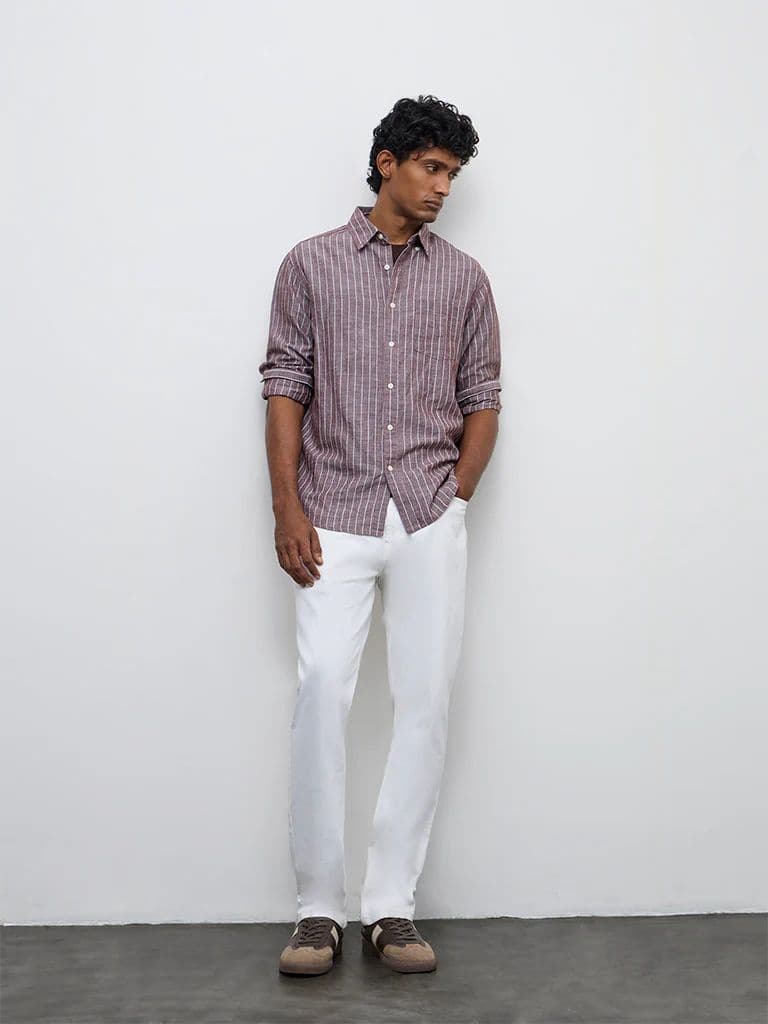 WES Casuals Brown Striped Relaxed-Fit Cotton-Blend Shirt — photo 2