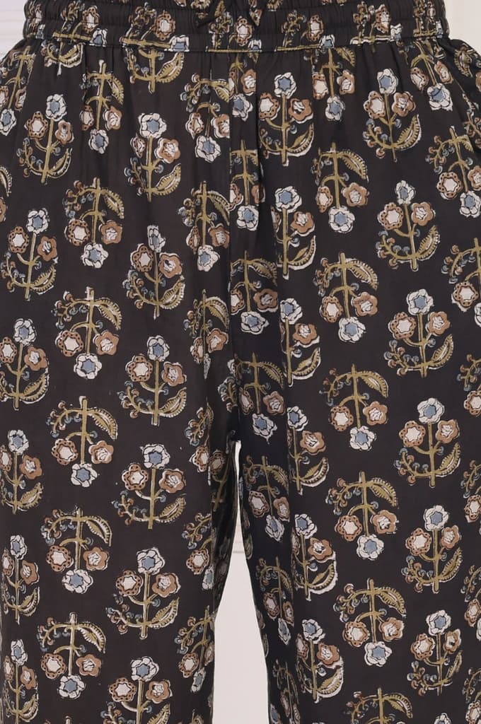 Black Floral Printed Embellished A-Line Cotton Kurta with Straight Pant and Dupatta Set — photo 8