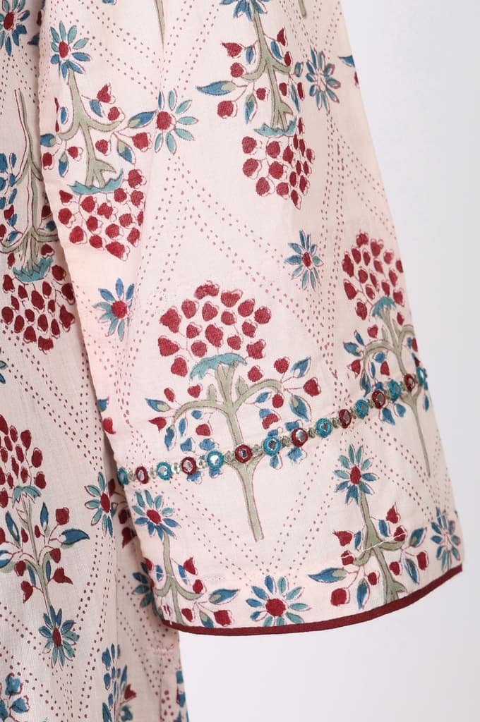 Light Pink Floral Printed Sequins Pure Cotton A-line Kurta — photo 7