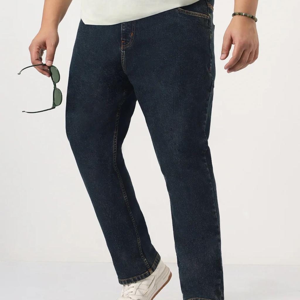 Plus Men's Dark Blue Straight Fit Heavy Washed Jeans Stretchable