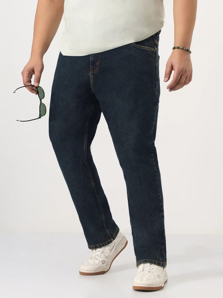 Plus Men's Dark Blue Straight Fit Heavy Washed Jeans Stretchable — 36 / Dark Blue