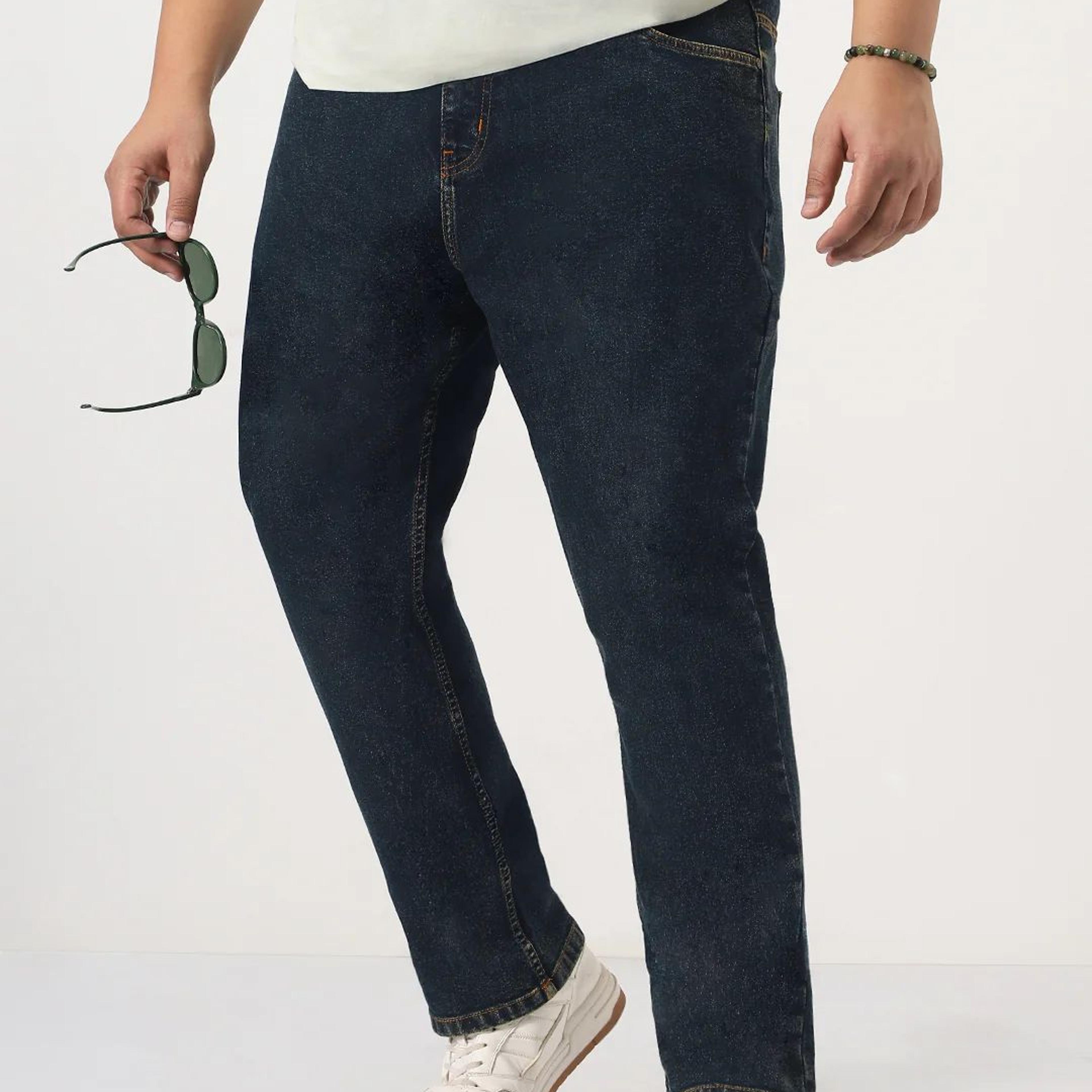 Plus Men's Dark Blue Straight Fit Heavy Washed Jeans Stretchable
