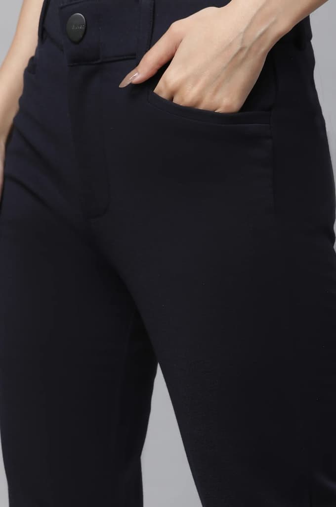 Navy Blue Solid Slim Fit Trousers With Elasticated Waist — photo 5