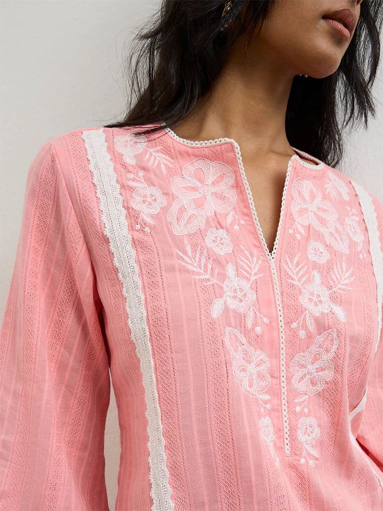 Utsa Pink Floral Embroidered Cotton Tunic — photo 3