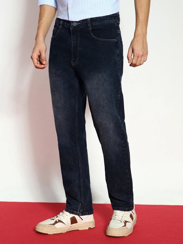 Men's Dark Grey Straight Fit Washed Jeans Stretchable — photo 2