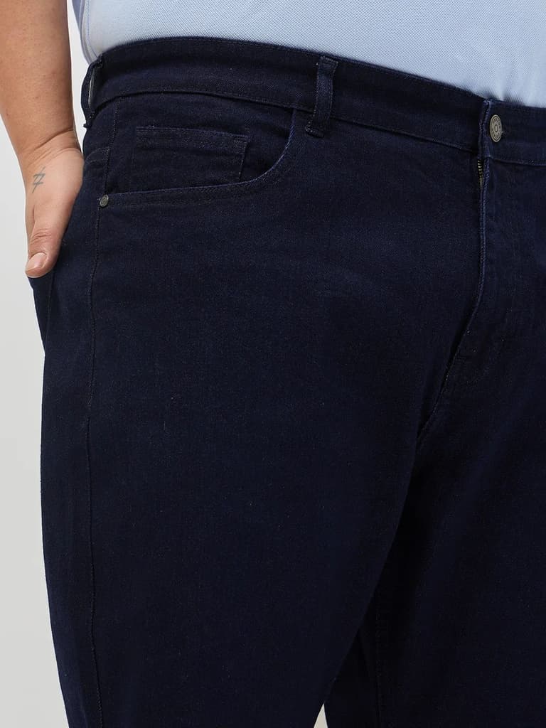 Plus Men's Dark Blue Straight Fit Raw Washed Denim Jeans Stretchable — photo 5