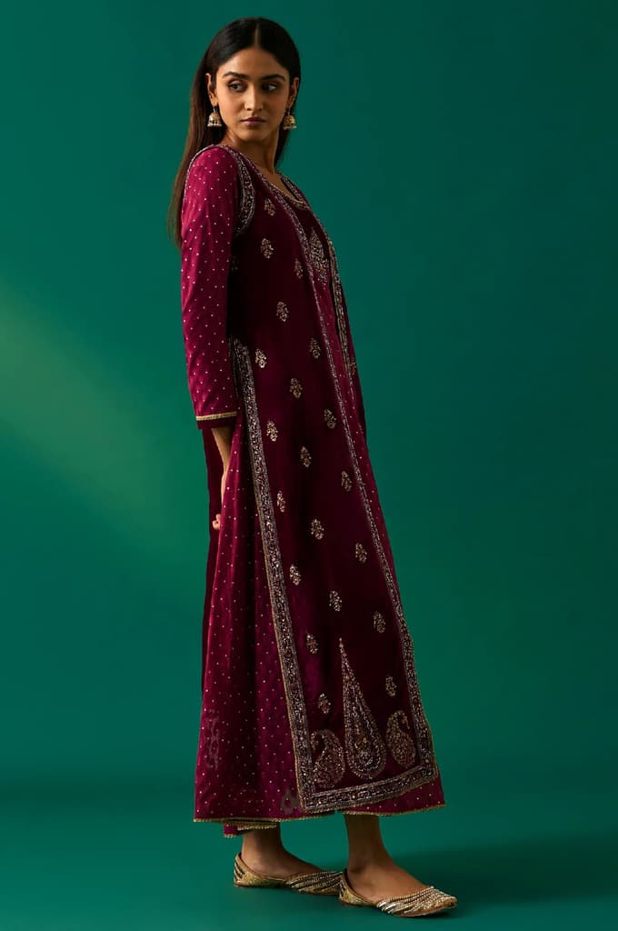 Maroon Embroidered Anarkali Georgette Gilet with Dress and Churidar Set — photo 5