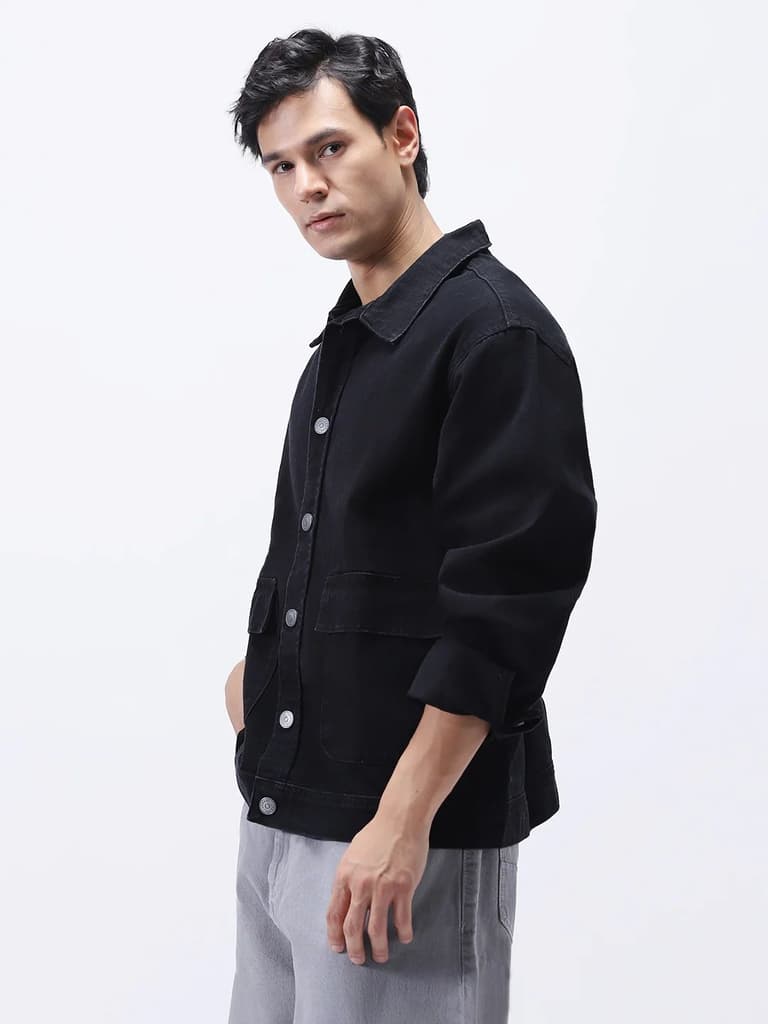 Men's Black Relaxed Fit Full Sleeve Utility Denim Jacket — photo 3