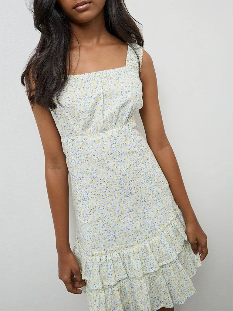 Y&F Kids Girls Yellow Floral Cotton Printed Tiered Dress — photo 2