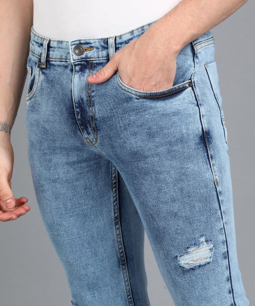 Men's Sky Blue Slim Fit Washed Mild Distressed/Torn Jeans Stretchable — photo 6