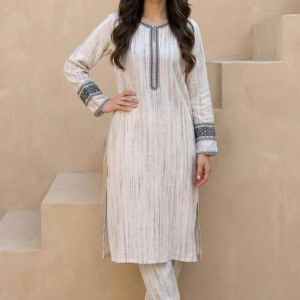 Off White Striped Rayon Blend Winter Straight Kurta with Pants Set