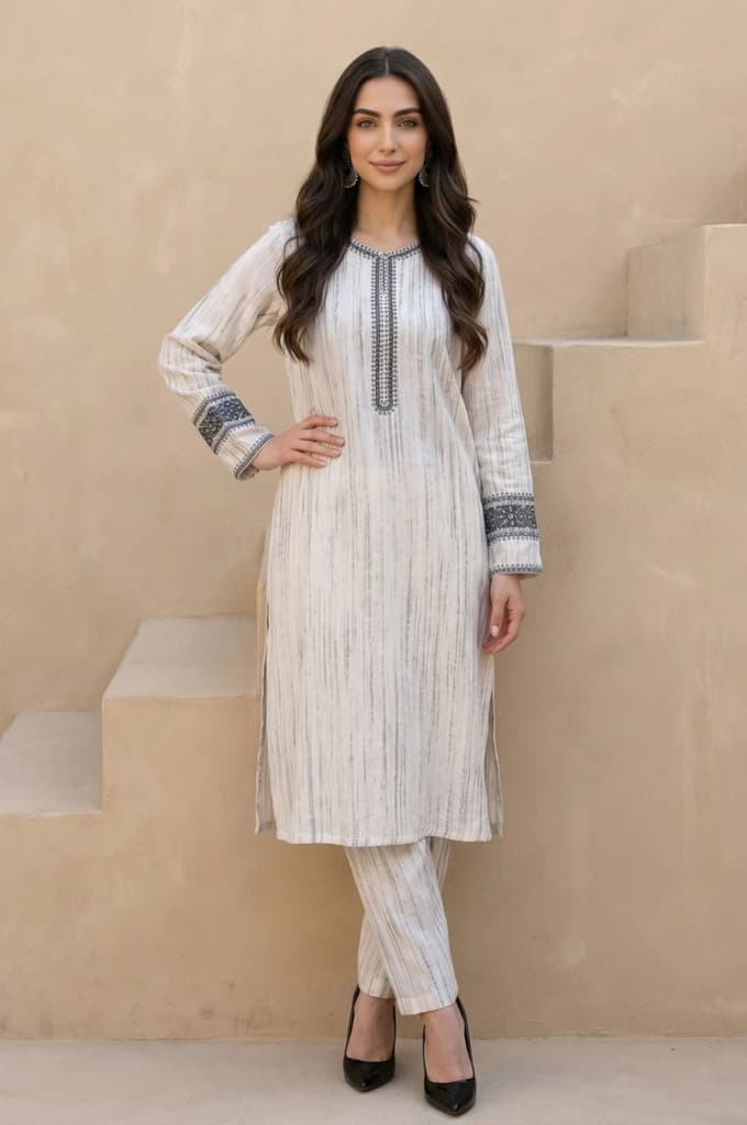 Off White Striped Rayon Blend Winter Straight Kurta with Pants Set — XS