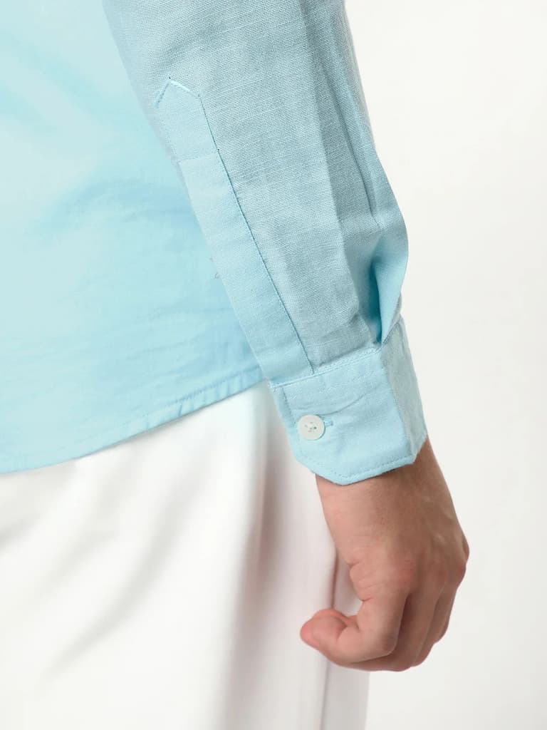 Men's Sky Blue Linen Blend Full Sleeve Relaxed Fit Casual Solid Shirt — photo 5