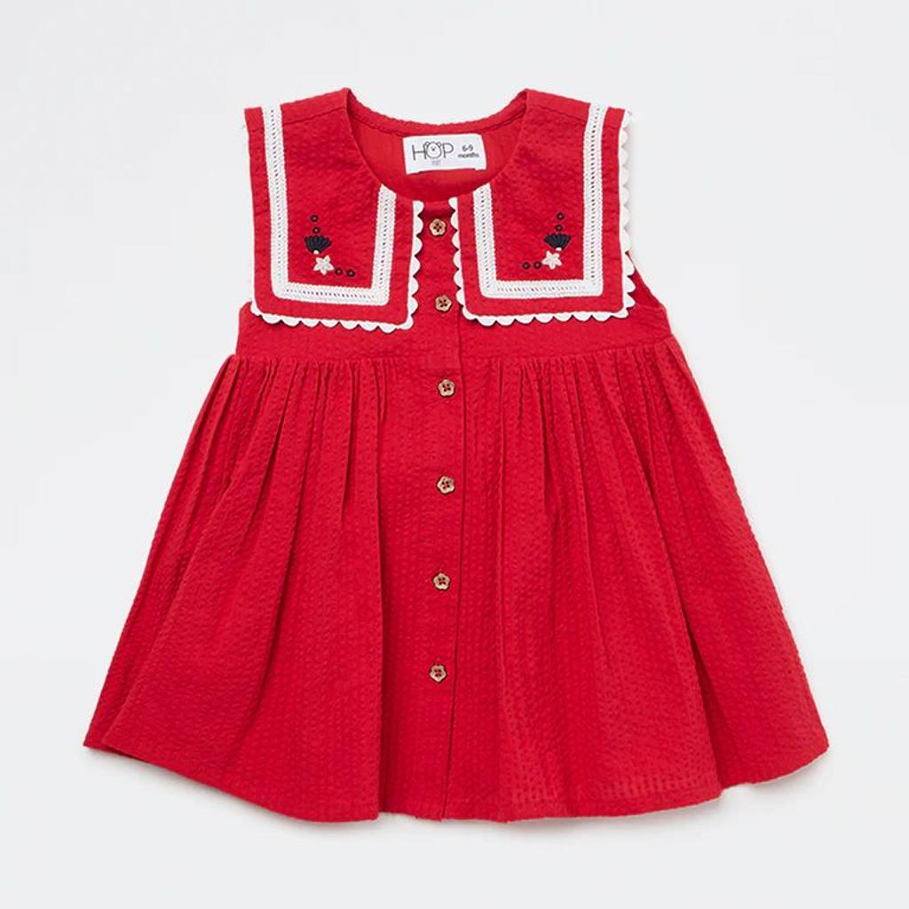 HOP Baby Girls Red Seersucker Textured A-Line Cotton Dress