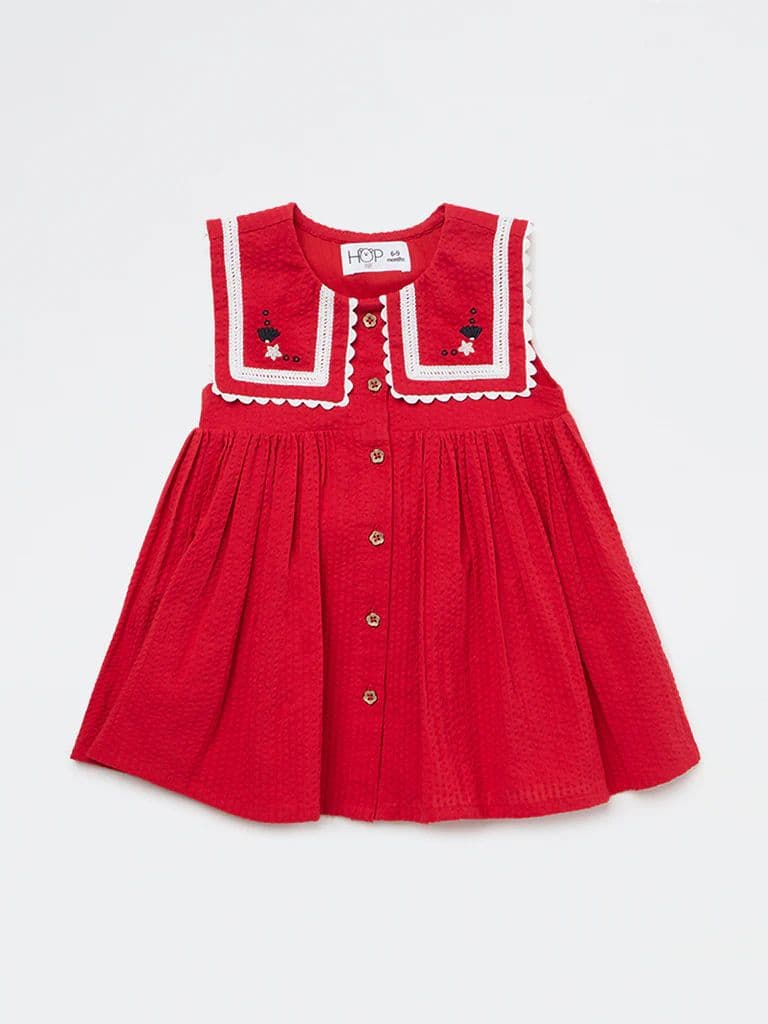 HOP Baby Girls Red Seersucker Textured A-Line Cotton Dress