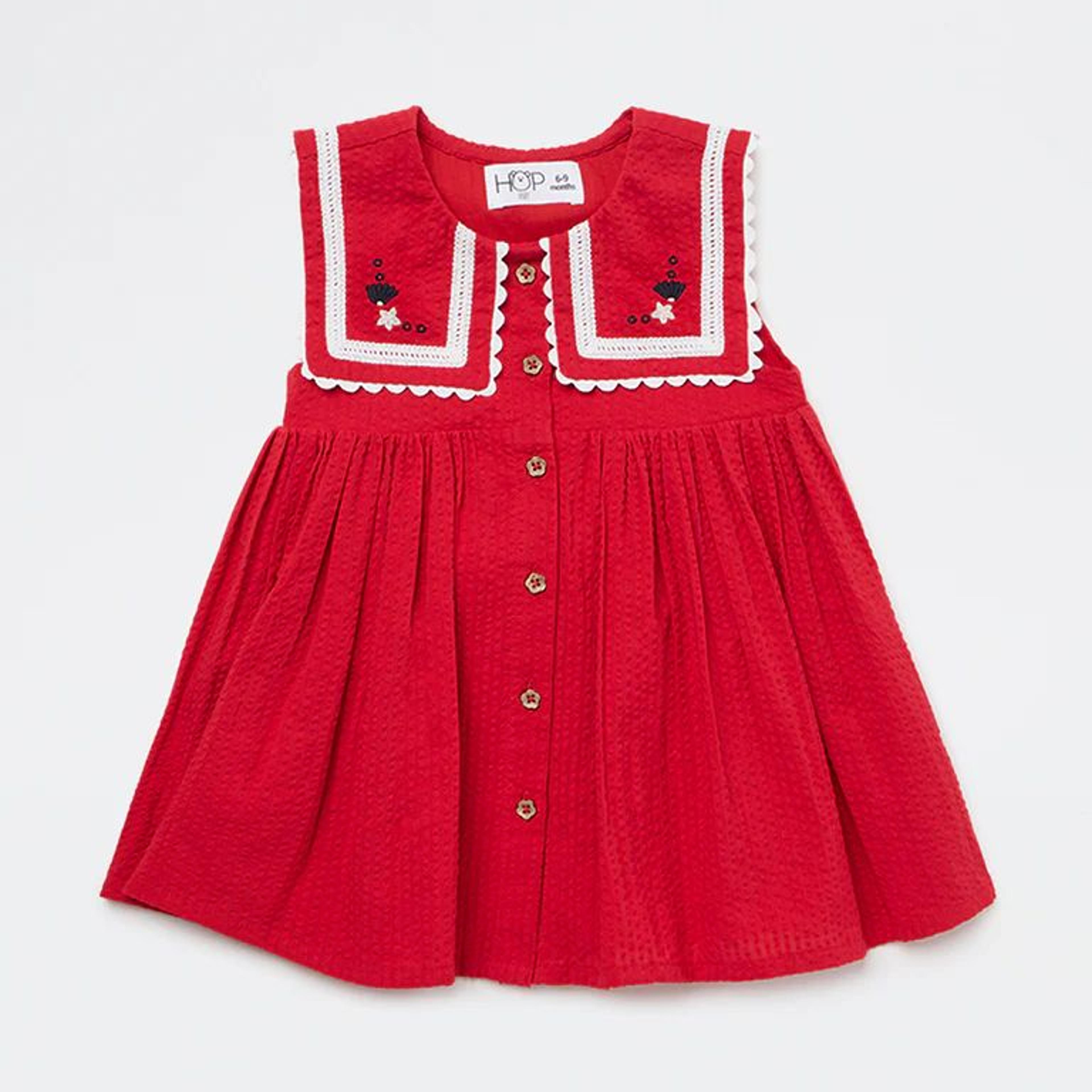 HOP Baby Girls Red Seersucker Textured A-Line Cotton Dress