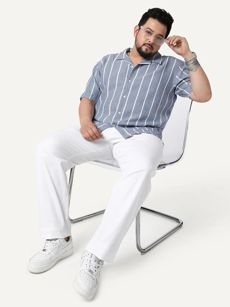 Plus Men's Blue Cotton Half Sleeve Relaxed Fit Linen Striped Shirt with Cuban Collar — photo 4