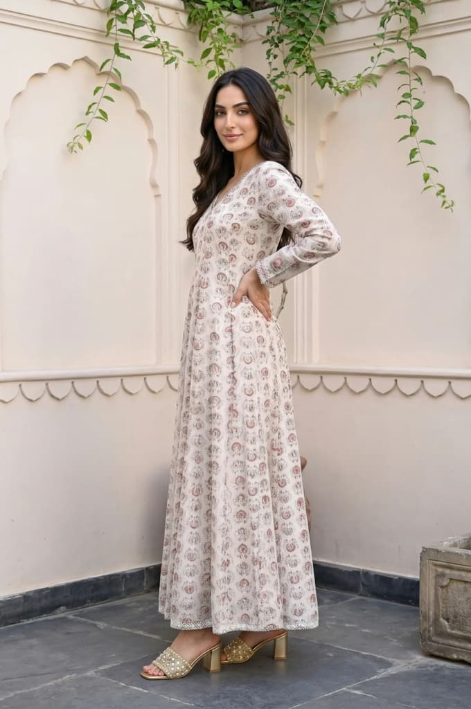 Cream Ethnic Motifs Sequins Cotton Silk Blend Anarkali Kurta — photo 3