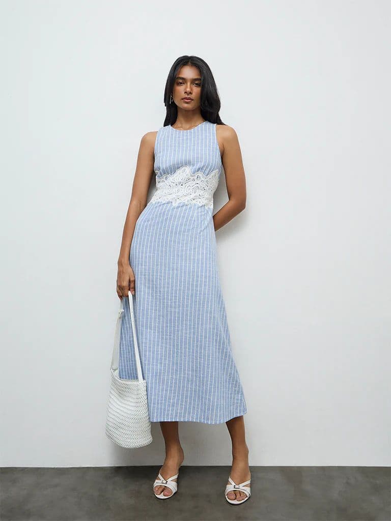 LOV Light Blue Striped Lace-Detailed Cotton A-Line Dress