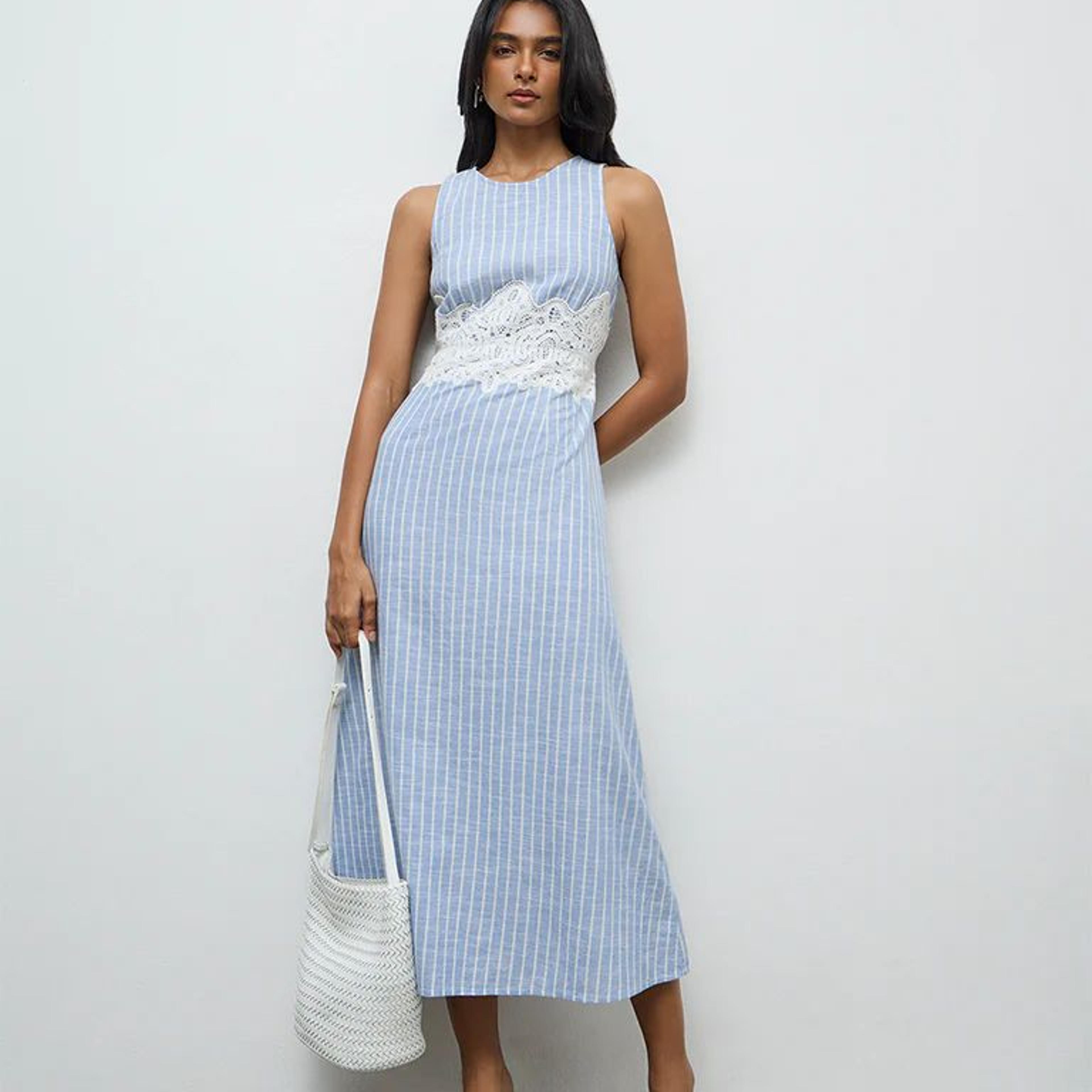 LOV Light Blue Striped Lace-Detailed Cotton A-Line Dress