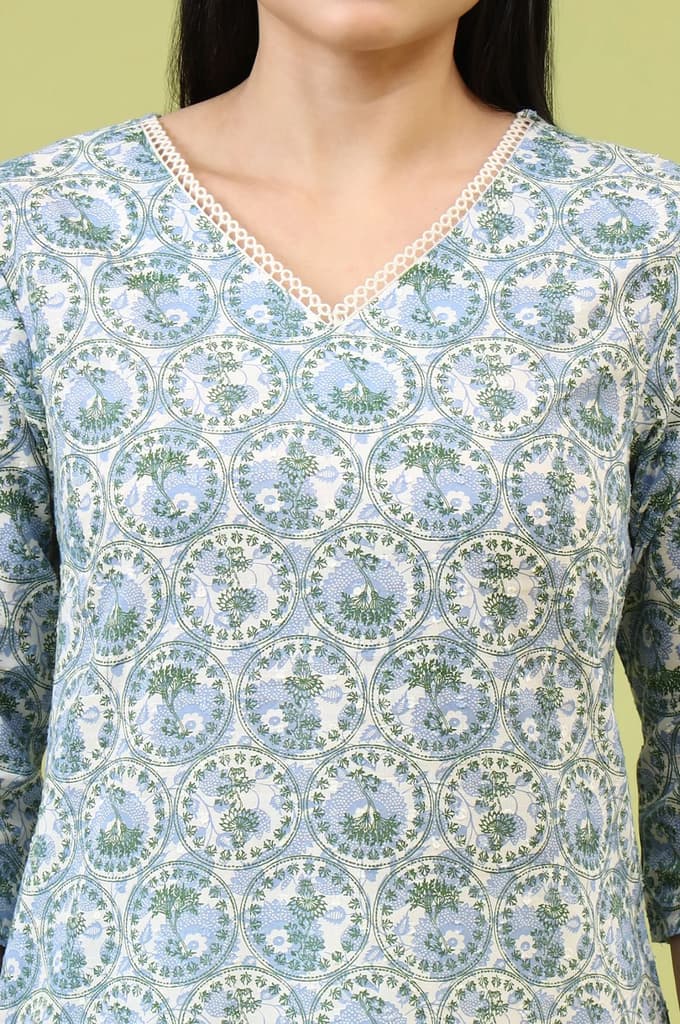 White and Blue Geometric Printed Pure Cotton Straight Kurta with Lace Detail — photo 3